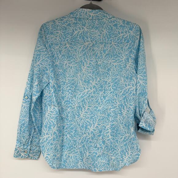 Talbots Shirt Women M Blue White Coral Reef Print Button Up Roll-tab Long Sleeve - Picture 2 of 10